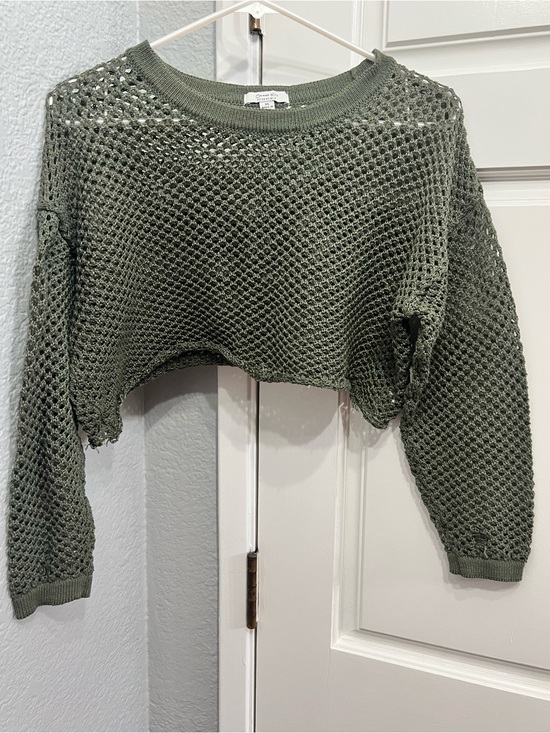 orange kiss Tops - Orange Kiss raw hem olive crop open knit sweater